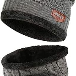 Winter Warm Hat Beanie Scarf Set Wool Knitted Hat Winter Hat and Loop Scarf with Thick Fleece Lining for Men and Women, gray, One Size, gray, One Size-85