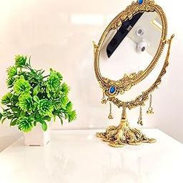 The Classic Treasure Vintage Vanity Mirror with Stand, Ornate Gold Metal Frame, Double-Sided Oval Design with Red and Blue Jewel Accents for Anniversary/Birthday/Festival Gifts-picture-30