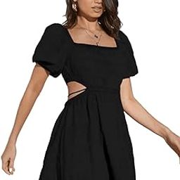 Solid Summer Beach Square Neck Puff Sleeve Cut Out Waist Mini Dress For Women's & Girls-picture-30