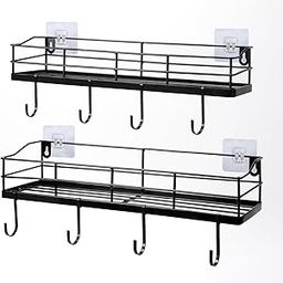 Lyeasw Black Floating Shelves Wall Mounted with 8 Removable Hanging Hooks, 15-Inch Adhesive Shower Shelf Organizer for Bathroom Kitchen Storage Rack, Set of 2-12
