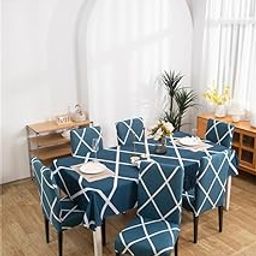 MIAPPI HOME FURNISHINGS Table Cloth Matching Dining Chair Cover Set Waterproof Oil Proof Table Covers Seat Protector Elastic Chair Cover Printed (140x180, 1 Table Cover + 4 Chair Cover, Blue_Diamond)-11