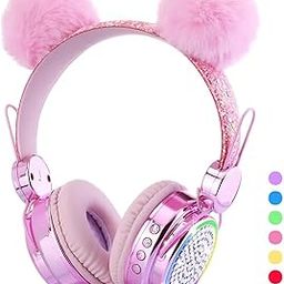 QKSHZHZQ Kids Headphones Wireless Bluetooth 5.3 Colorful LED Lights Over-Ear 85dB Volume Limited Girls Headphones for Children/Teens/Gift/School/Tablet/Travel (Pink)-1