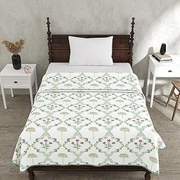 Bella Casa Single Cotton Dohar/AC Blanket Cotton Green & Off-White Colored Reversible Floral Printed 152X228 CM-image-6