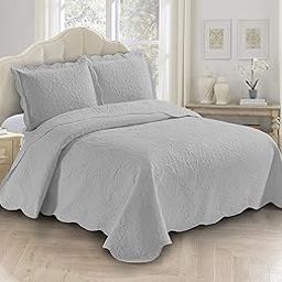 AZORE LINEN Solid Bedspread Quilt Coverlet Bedding Set Embossed with Seamless Daisy Floral Trellis Ornament Pattern - Allison (Silver, King / Cal-King)-28