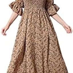 Floral Print Smocked Maxi Dress with Puff Sleeves, Tan Brown-image-3