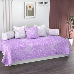 HIDECOR Super Soft Cotton Floral diwan Set for Living Room, diwan Set Covers Cotton, diwan Set 6 Pieces One Single Bedsheet with 3 Cushion Cover,2 Bolster (Purple)-image-66