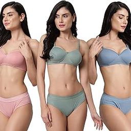 Women's Cotton Half Cup Padded Non-Wired Bra and Panty Set (Pack of 3)-picture-22