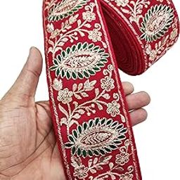 FRIJVEN Embroidery Gold Work with Sequence Design Lace Border Falls for Saree, Kurti, Dresses, Bandhani, Lehenga, Decorative Ribbon (8.5 cm Width) (Red, 9 Meter)-image-19
