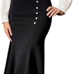 Women's Mermaid Midi Skirt, Black, Button Detail, High Waist, Flared Hem-image-3