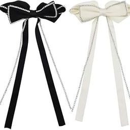 Shidara 2 PACK Luxury Hair Bows Sparkly Rhinestone Tassel Hair Clips Barrettes Bowknot with Long Brocade Tassel Ribbon Claw Hair Accessories for Women and Girls (Black and White)-image-54