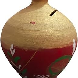 VOK57 Handmade Colorful Money Bank | Clay Piggy Bank with Traditional Touch | Gullak for Kids (Red Gold Flower)-image-11