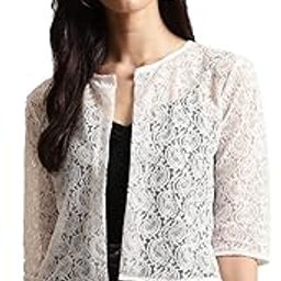 Women Off-White Self Design Cotton Open Front Shrug-image-2
