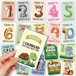 WOBBOX Baby Monthly Milestone Cards, Animal Faces Multi Colour, Record 0-12 Months Growth Milestones Cards, Baby Shower Gift Scrapbook Photo Keepsake Monthly Age Markers Card - Set of 18 Pcs-12