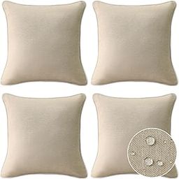 Outdoor Indoor Decorative Throw Pillows, 4-Piece Waterproof Pillow Set with Inserts, 18" x18" Square Pillows for Patio, Backyard, Bed, Couch and Patio Furniture, Tan-image-2