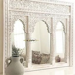 GLOBAL WOOD Wall Mirror for livingroom | Wooden JHAROKHA for Wall Decor | Wooden Carved Wall Mirror Frame for Bedroom LIVINGROOM (Without Mirror 5 * 3 FT White Distress) (5 * 3 Antique White)-11