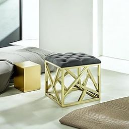Dence Store Velvet Footrest Ottoman, Round for Use in Any Bedroom, Living Room, Entryway, Offices: Contemporary Round Stool Seat Sturdy Gold Metal Base Accent Furniture-(Grey)-27