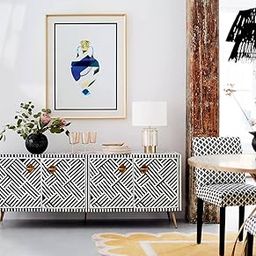 ukindianfurniture Bone Inlay Mango Wood Sideboard Cabinet | Handmade Storage Console Table with Geometric Design | Decorative Buffet Unit with Brass Legs | 68 x 18 x 27 inches-image-49