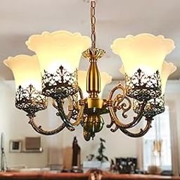 Prop It Up 5 Portuguese Style Antique Brass Finished Ceiling Suspended Mounted Pendant Hanging Chadelier Lamp Crown Design with Frosted Glass Shade-image-2