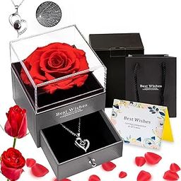 Danav Box Preserved Rose with Heart Love You Necklace in 100 Languages Gift Set, Flower Gift for Girlfriend Wife Mom on Mothers Day Valentines Day Anniversary Christmas Birthday Gift for Women-image-5