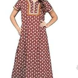 Cotton Nighty Maxi for Women with Side Pocket | Printed Short Sleeves Full Length Night Wear Gown-picture-36