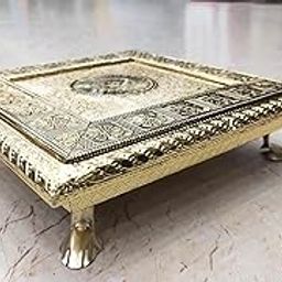 Decorative Brass Chowki, Square Floral Design Bajot, Idol Stand, Gold Finish (8 INCH)-32