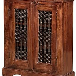 NSH Solid Sheesham Wood Standard Multipurpose Auric Sideboard Storage Cabinet Unit with 2 Door Wooden Furniture for Home Living Room Hall - (Honey Finish)-image-1