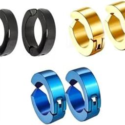 Fashion Punk Non-Piercing Ear mens jewelry (3 Pairs) Black Gold Blue Stainless Steel Earrings For Men And Women-image-80