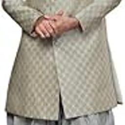 Men's Sherwani Dhoti Set, Indo-Western Grey Silk Blend, Woven Design Regular Fit Mandarin Collar Long Sleeves-image-34