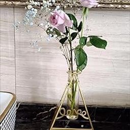 The Pot Dealer Geometric Triangle Shape with Sign Love Tube Glass Vases Nordic Vase Gold Solid Metal Stand Vase for Home Decor Living Room, Dining Table, Office (Flower Not Included)-image-48