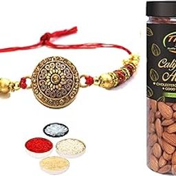 Designer Trendy Golden Rakhi for Brother Gift Combo with Badam Jar 250gms & Personal Message, Roli Tikka Chandan Chawal Mishri Special Pack for Bhai Bhaiya-image-89