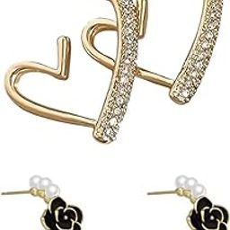 Korean Western Earrings 2‑Pair Set – Gold-Plated Crystal Cubic Zirconia Heart Hoop & Pearl Black Enamel Flower Huggie Earrings for Women & Girls-13