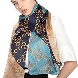 Satin Silk Summer Scarves 170 CM x 84 CM, Navy Blue & Beige Circle Pattern with Stitched Border, LightWeight Fashion Scarf for Women Sun Protection Stole-image-15