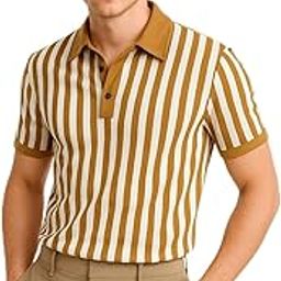 Striped Polo T-Shirt, Camel and White, Short Sleeve, Casual Wear-image-93