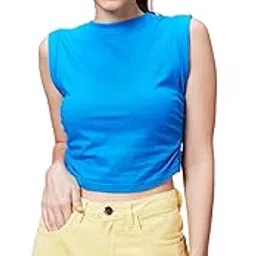 globus Women Blue Solid Round Neck Casual Crop Top-picture-34