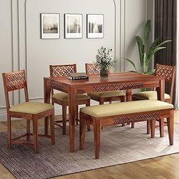 Shreya Decor Wooden Solid Sheesham Wood Dining Table 6 Seater with Cushion | Dining Table Set with 4 Chairs 1 Bench | Home Dining Room Furniture | Honey Finish (6 Seater, Honey with cousion)-image-96