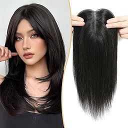 Fashion Fitoor 16" Silk Base Hair Topper for Women, 4x4 Inch, 5 Clip-in, Heat-Resistant, Natural Brown and Black, Perfect for Thinning Hair, Scalp Coverage, and Volume Boost (BLACK, 16 INCH)-46