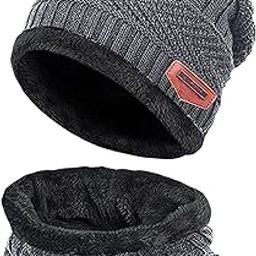 Men‘s Winter Beanie Hat Scarf Set Warm Knit Hat Thick Fleece Lined Cap Neck Warmer for Men and Women (Grey)-image-43