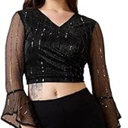 Women V-Neck Flared Sleeves Embellished Sheen Waist Tie-Up Party Crop Top-image-98
