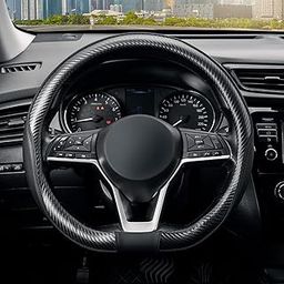 SEG Direct Flat Bottom Steering Wheel Cover Carbon Fiber, D Shaped Car Wheel Cover 14 1/2-15 in. (37-39 cm), Black Microfiber Leather with Carbon Fiber Pattern-image-2
