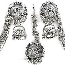 Latest Oxidised German Silver Antique Design Stylish Traditional Maang Tikka and Jhumka Earrings Jewelry Set-image-97