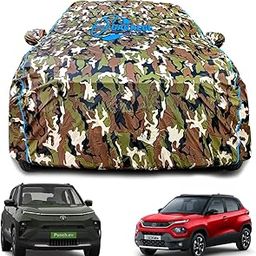GARREGE® Waterproof Car Body Cover Compatible for Tata Punch with Mirror Pocket and Back Side Antenna Pocket, Triple Stitched (Dynamite Jungle Print with Blue Piping Design)-69