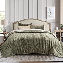 EVERGRACE Velvet Quilt Set Queen Size, Luxurious Soft Striped Channel Bedding Set, Lightweight Velvet Comforter for All Season, Quilted Bedspread Coverlet with 2 Matching Shams, Olive Green-image-19