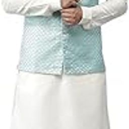 Men Sky Blue & White Solid Kurta Pyjamas With Nehru jacket-picture-1