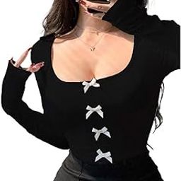 Solid Lace Trim Bow Front Scoop Neck Long Sleeve Western Y2k Ribbed Tops for Women-image-5