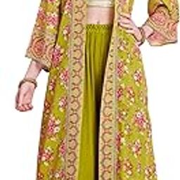 Women'S Lace Work Straight Georgette Crush Parrot-Green Stiched Crop Top Palazzo With Shrug|Women Kurta Sets|Stylish Kurta set|Top Pant set|shrug kurta set-picture-24