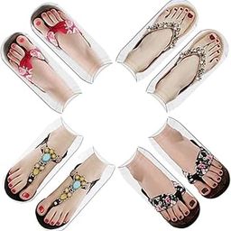 4 Pairs 3D Pattern Socks Women Print Socks Manicure Print Flip Flop Socks Casual-image-65