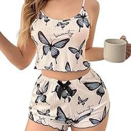 LUXZII Butterfly Print Women's Pajama Set - Cute 2-Piece Sleepwear with Camisole and Shorts for Summer Lounge, Women Night Cami Top and Shorts for Night Wear-image-73