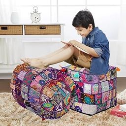 iinfinize Vintage Cotton Pouf Cover 16 Inch Round Indian Home Decor Pouff Patchwork Khambadiya Design Pouff Cover Handmade Footrest Seating Stool Pouf Set of 2 Pcs (Purple)-7