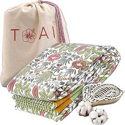 TOAI Art Jaipuri Dohar Quilt 500 TC For Summer Hand Block Printed 3 Layers Reversible 100% Mulmul Cotton Flannel Filling Single Size 60" X 90" Spring Floral (White Green Pink)-3