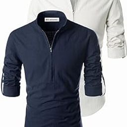Men Pure Cotton Slim Fit Zip Closer Roll-Up Full Sleeve Beige - White Color Kurta Pack 2-image-66